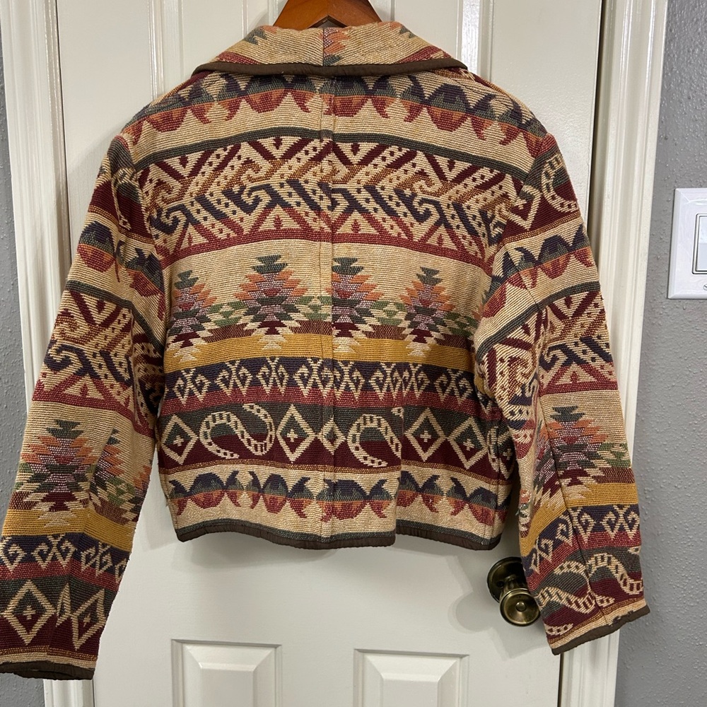 Womens  Vintage Flashback Cropped Southwest Tapestry Jacket Aztec 100% Cotton M - Picture 3 of 7